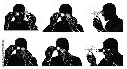 Silhouetted figures meticulously examining sparkling diamonds with loupes and rings