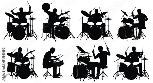 Silhouettes of drummers performing with drum kits in various dynamic poses on white background
