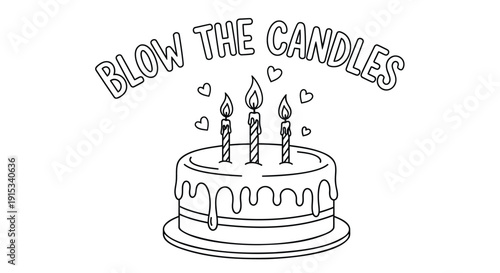 Vector illustration of a birthday cake with three lit candles and hearts, isolated on transparent background