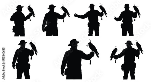 Silhouettes of falconers holding birds of prey in various poses against a white background
