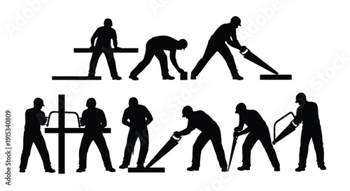 Silhouettes of people engaged in woodworking and construction activities with various saws