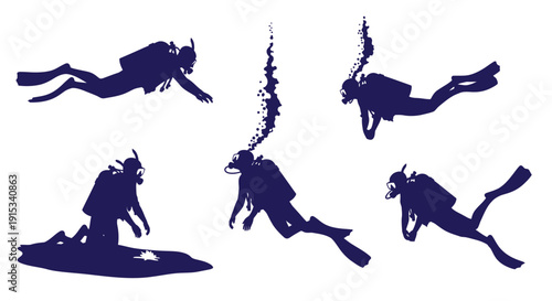 Silhouettes of scuba divers exploring the underwater world in various dynamic poses