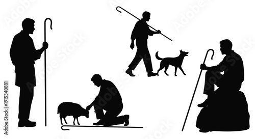Silhouettes of Shepherds Tending to Sheep and Dogs with a Shepherd's Crook Symbolizing Pastoral Life