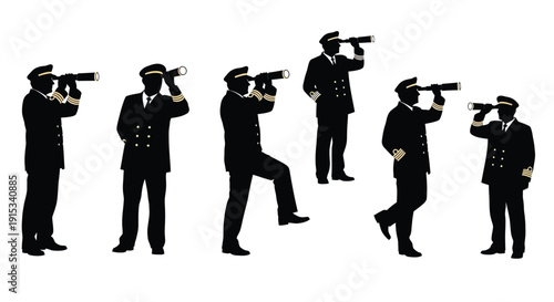 Silhouettes of sea captains in uniform observing the horizon with spyglasses in various poses