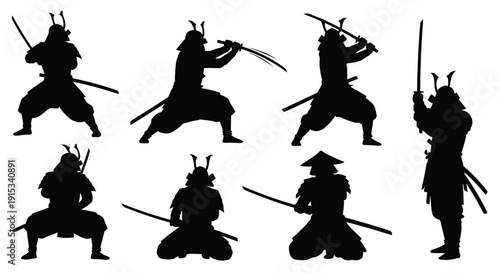 Silhouettes of warrior samurai figures in dynamic poses wielding swords ready for battle