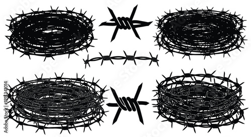 Varied arrangements of sharp barbed wire elements symbolizing restriction and entrapment
