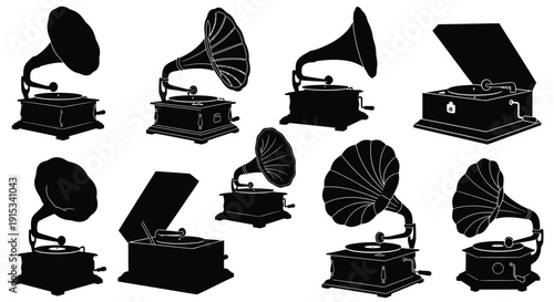 Vintage gramophone silhouettes set representing early sound recording and playback technology