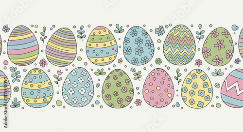 Seamless pattern of colorful Easter eggs with delicate floral and geometric designs on a white background, celebrating spring festivities and holidays
