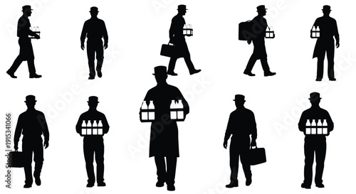 Vintage Silhouettes of Men Delivering Bottles and Briefcases in Motion