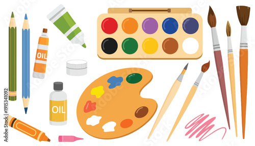 Painting Tools Vector Set with Art Supplies, Paint Tubes, Brushes, Pencil, Watercolor, and Palette, Trendy Modern Hand Drawn Flat Design Isolated on White Background