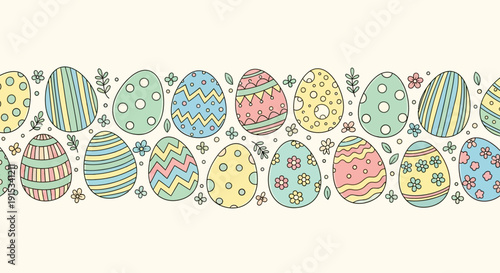 Festive Easter eggs with colorful patterns and floral designs in a seamless border, celebrating the joy and renewal of spring holidays