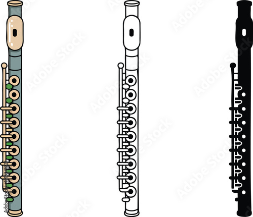 Flute silhouette & Outline and illustration set isolated on transparent background