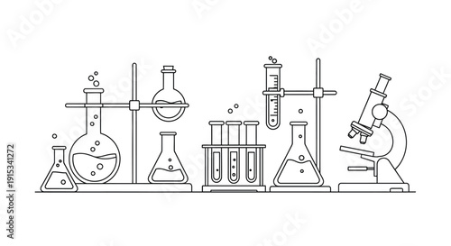 A linear illustration depicting various laboratory glassware and scientific equipment