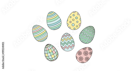 A collection of beautifully decorated Easter eggs with various patterns and pastel colors, perfect for seasonal celebrations and festive designs