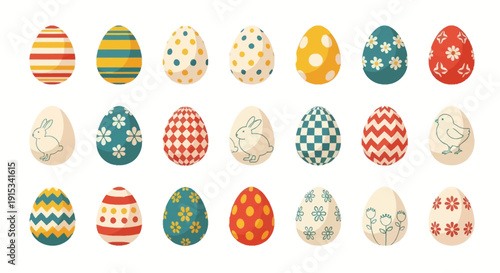 Collection of decorative Easter eggs with various patterns and designs, celebrating the holiday with colorful and festive imagery suitable for springtime celebrations and traditional customs