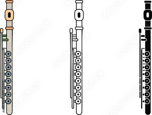 Flute silhouette & Outline and illustration set isolated on transparent background