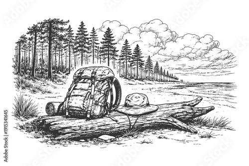 Hiking backpack and a wide brimmed hat on a log by the lakeside vector illustration, vintage hand drawn etching style trekking and exploration concept.
