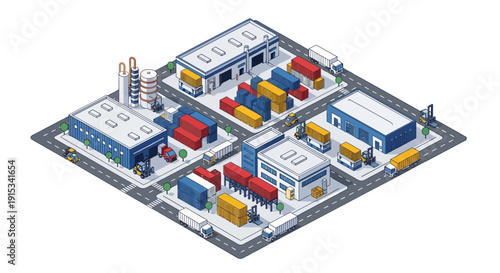 Isometric view of a modern industrial complex with colorful buildings and trucks on a white background.