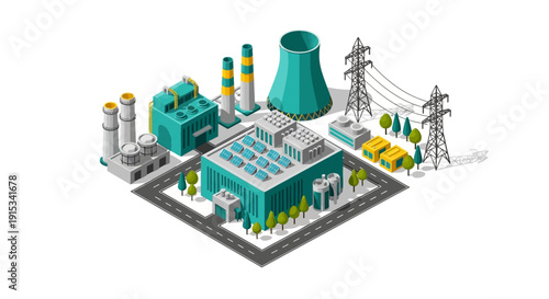 Isometric illustration of a nuclear power plant with cooling towers and industrial buildings