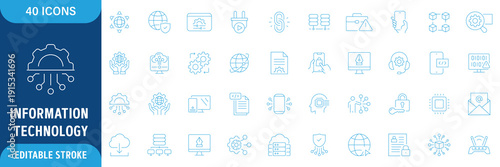 Information Technology icon set. network security, internet, data analytics, cloud computing, big data, cybersecurity, database, server, datacenter, firewall, encryption. editable icon set
