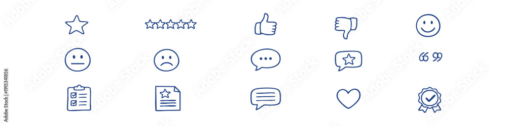 Obraz premium Set of hand-drawn customer feedback icons including stars, thumbs up, smiley faces, and speech bubbles. Ideal for reviews and satisfaction ratings.