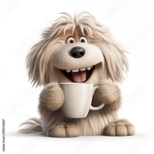funny dog with a cup of coffee in his hand	
