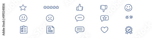Set of hand-drawn customer feedback icons including stars, thumbs up, smiley faces, and speech bubbles. Ideal for reviews and satisfaction ratings.