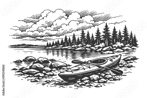 Lonely kayak on a rocky lakeshore with pine forest background vector illustration, vintage hand drawn engraving style outdoor water sports and nature design.