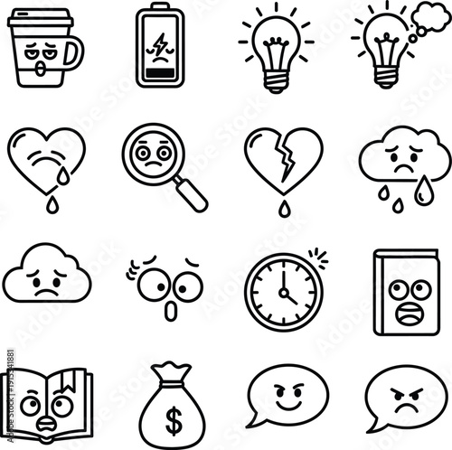 emoji style, emotion icon, reaction emoji, bold icon, expressive icon, black and white, monochrome emoji, flat design, vector emoji, mood icon
