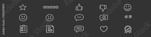 White hand-drawn feedback and review icons set on dark background. Includes stars, smiley faces, thumbs up, and chat bubbles for customer satisfaction.