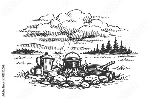 Vintage engraving vector illustration of an outdoor campfire cooking set with a pot and coffee percolator, rustic adventure and camping lifestyle design.