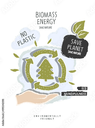 Vector hand drawn cartoon sketch of the biomass energy sign with green leaves.Environmentally friendly planet concept. Think Green. Protect the World from pollution concept.