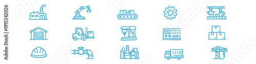 Set of hand-drawn industry and logistics icons featuring factory, robotic arm, warehouse, forklift, truck, and manufacturing equipment.