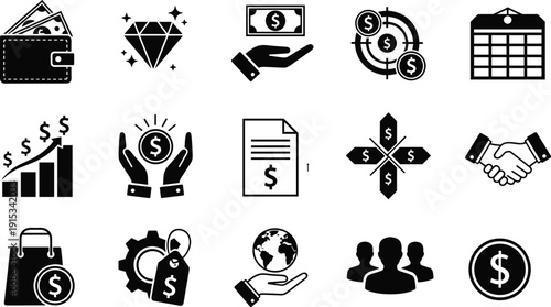 Business finance icons set, money wallet symbols, investment growth silhouettes, global economy graphics, diamond luxury vectors, corporate handshake, financial planning.