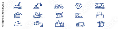 Set of hand-drawn industry and logistics icons featuring factory, robotic arm, warehouse, forklift, truck, and manufacturing equipment.