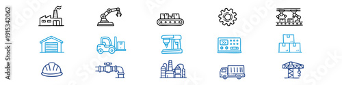 Set of hand-drawn industry and logistics icons featuring factory, robotic arm, warehouse, forklift, truck, and manufacturing equipment.