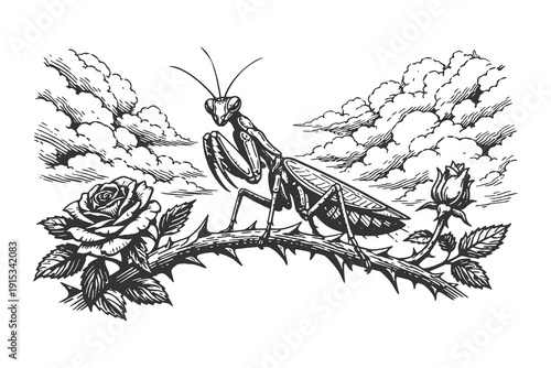 Detailed praying mantis on a rose branch with thorns vector illustration, vintage hand drawn woodcut style insect and flora nature art.