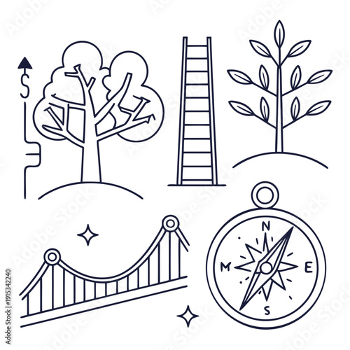 Bild auf Leinwand Black line of tree plant ladder bridge and compass for company growth concepts l