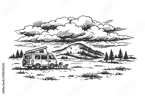 Vintage camper van parked in a scenic mountain wilderness vector illustration, hand drawn engraving style van life and road trip design.