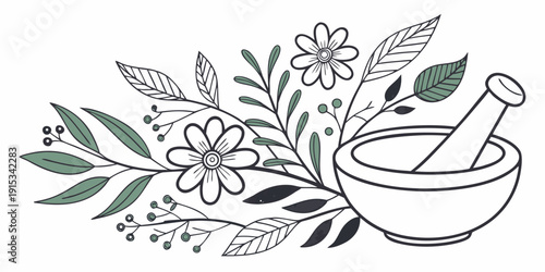 Botanical of mortar and pestle with flowers and leaves