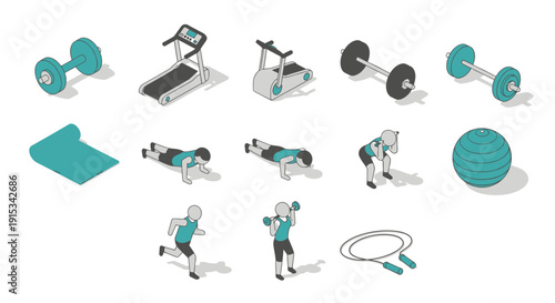 Isometric fitness and workout equipment illustration set with modern perspective view showing treadmills, bikes, weights and gym machines in clean minimal vector style, contemporary health and wellnes