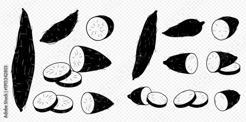 Black and white cassava root vector set with whole and sliced pieces, hand-drawn illustration on transparent background.