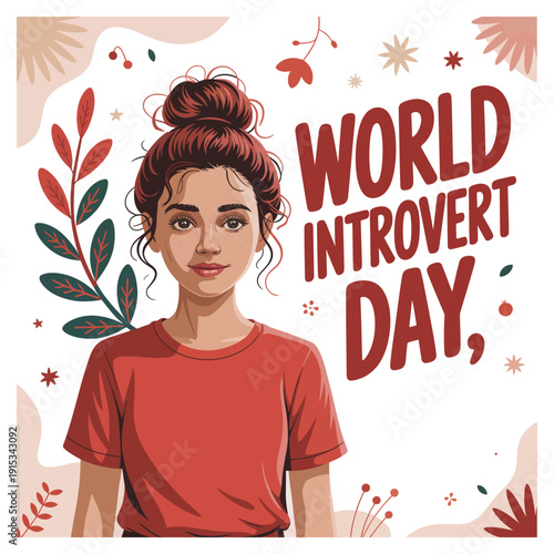 World Introvert Day vector illustration of young woman with messy bun and floral typography