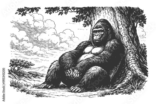 Powerful gorilla sitting by a tree vector illustration in vintage hand drawn engraving style, primate wildlife animal art for nature design.