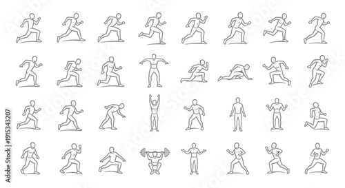 Minimal line art sports movement icon set displaying various athletic actions in clean outline style, simple human figures performing running, jumping, stretching, cycling and training exercises, mono