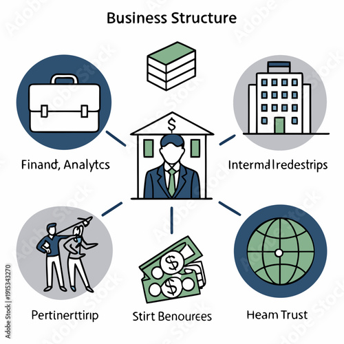 Business structure set with briefcase analytics building bank people money globe