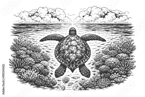 Vintage engraving vector illustration of a sea turtle swimming over coral reef, detailed hand drawn underwater marine life and ocean nature design.