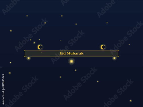 Ramadan decoration Eid Mubarak wish with golden crescent moons and stars on dark blue background