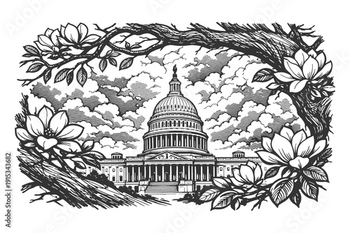 United States Capitol Building Washington DC vector illustration in hand drawn etching style framed with magnolia flowers, American government landmark.