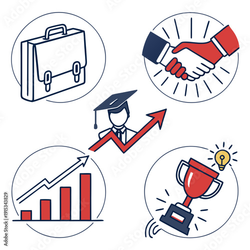 Career success with briefcase handshake graduation cap graph trophy